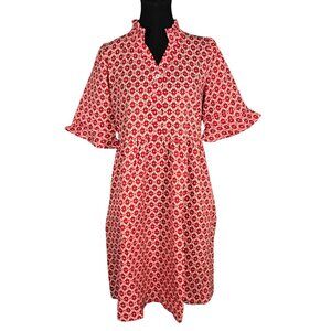 NWT | OURIN Red & Cream Geometric Floral Ruffle Sleeve Dress | Small
